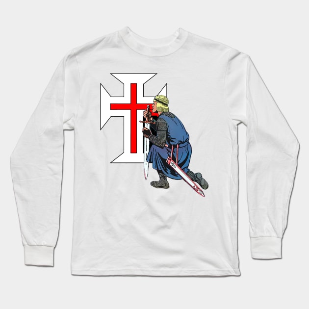 Warrior of the Middle Ages kneeling before the red cross Long Sleeve T-Shirt by Marccelus